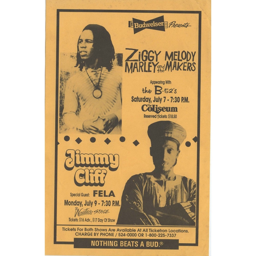 Ziggy Marley Jimmy Cliff Fela Kuti B-52s Concert Flyer Handbill Budweiser VG